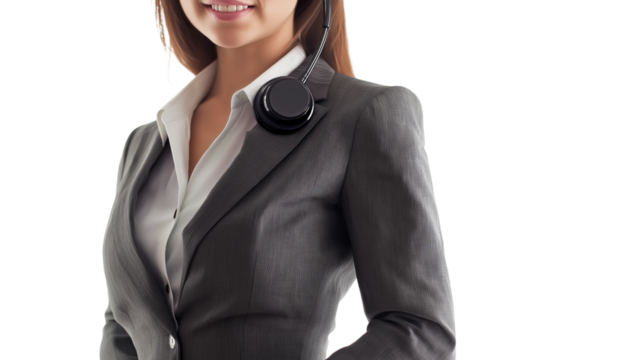 Customer service representative, friendly and inviting, stylish business attire, high-resolution, isolated PNG