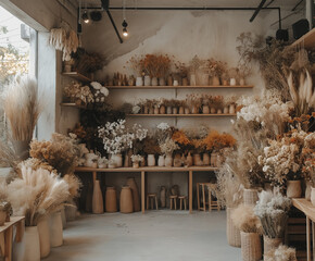 
A bohemian-style flower shop with dried floral arrangements, neutral tones, and soft ambient lighting