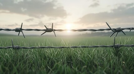 Golden hour sunset behind barbed wire fence, rural landscape photography sunset