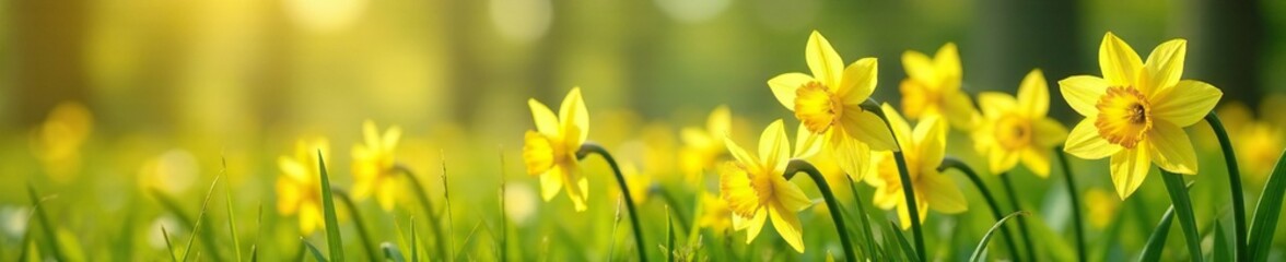 Gentle dance of daffodils amidst tall grasses, natural scenery, airy atmosphere