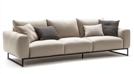 Fototapeta premium Modern Light Gray Sofa With Plush Cushions Situated in a Bright, Minimalistic Living Room Adorned With Natural Light