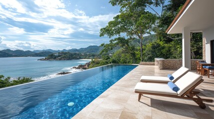 Fototapeta premium Infinity Pool Overlooking Scenic Coastal Mountains