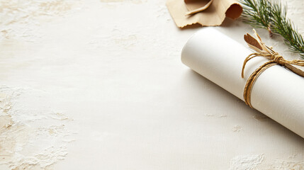 vintage rolled map with twine, surrounded by natural elements and paper