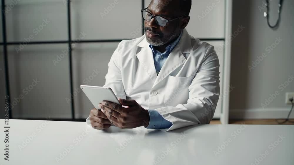Poster experienced medical professional in lab coat and glasses working with tablet computer at white desk,