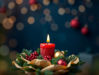 A red candle with natural Christmas decorations
on a dark blue background. The image should have an ethereal and spiritual quality, incorporating light aura, mystical and bizarred elements