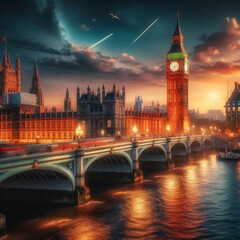 Naklejka premium Big Ben Houses of Parliament and Westminster Bridge on a beautiful summer night in London UK