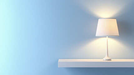 stylish white lamp on clean shelf against soft blue wall, creating serene atmosphere