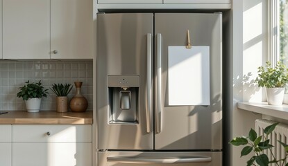 Minimalist kitchen with blank white A4 paper on steel fridge.