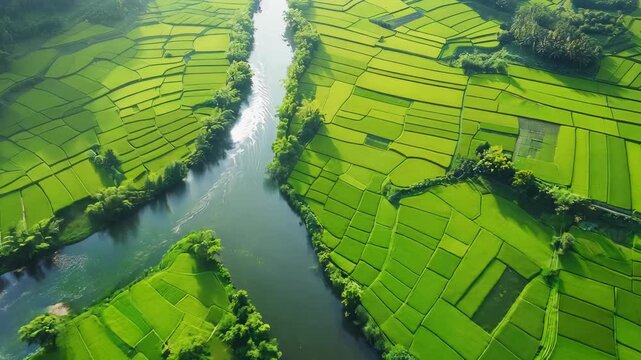 4K航拍绿色稻田梯田河流自然景观