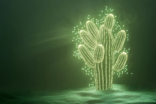 Glowing Saguaro Cactus in Desert Night Abstract Nature Scene Digital Art