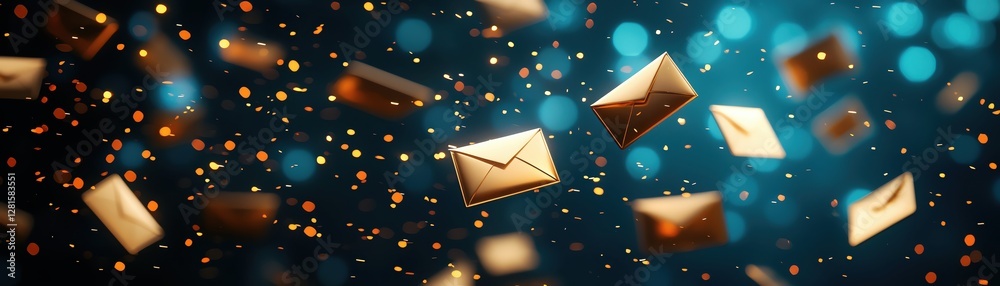 Poster floating envelopes with glowing bokeh background representing digital communication.