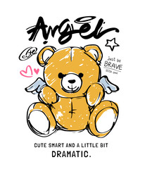angel calligraphy slogan with bear doll angel hand sketch hand drawn vector illustration