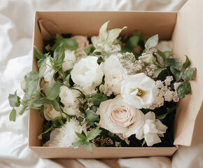 
A delicate floral subscription box packaging with fresh blooms and sustainable materials, cozy branding aesthetic.

