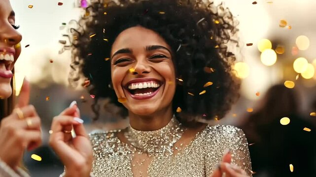 Friends celebrating with confetti and laughter