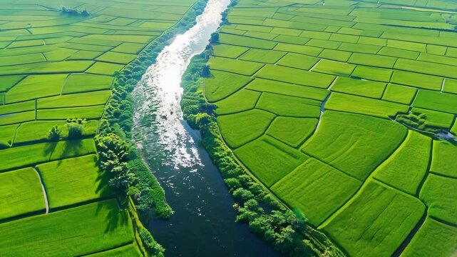 4K航拍绿色稻田梯田河流自然景观