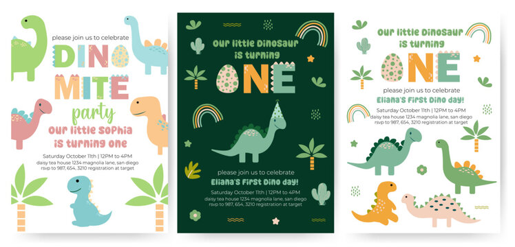 Birthday invitation card vector template. Dinosaur birthday Party theme with dinosaur, tree, plants and other elements.