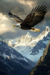 Illustration of a soaring eagle with outstretched wings flying over a rugged mountain range. The crisp air and majestic bird flight evoke a sense of freedom, power, and adventure.