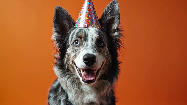 Happy dog celebrates birthday with colorful party hat and joyful expression against bright orange backdrop