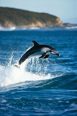 Obraz premium Illustration of a playful dolphin jumping out of the ocean, splashing water around as it soars through the air. The bright blue waves and joyful expression on the dolphin's face create an energetic,