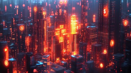Fototapeta premium Futuristic cityscape background representing business success, with digital money symbols and glowing icons 