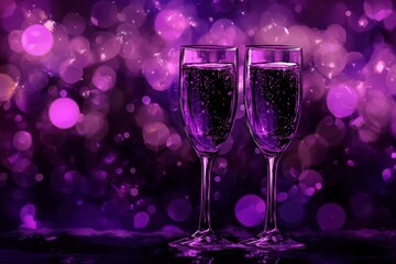Two overflowing champagne glasses sparkle against a backdrop of shimmering bokeh lights and deep shades of purple.