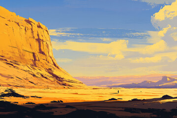 Naklejka premium Illustration of a serene desert landscape with towering sand dunes stretching into the horizon. The warm golden colors contrast with the cool blues of the sky, creating a calming yet expansive view of