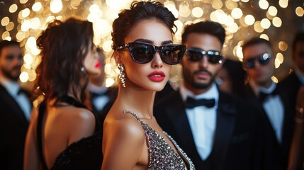 A celebrity surrounded by a team of bodyguards in a glamorous event.