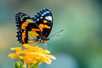 Fototapeta premium Colorful butterfly perched on a vibrant yellow flower during a sunny day in a garden. Generative AI