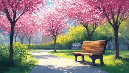 A serene park pathway is surrounded by vibrant cherry trees in full bloom, with wooden benches inviting visitors to relax. The warm afternoon light enhances the colorful scenery.