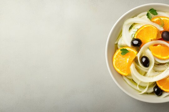 Fresh salad featuring vibrant oranges, olives, and delicate onio