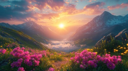 Majestic Mountain Sunset With Vibrant Wildflowers Blooming