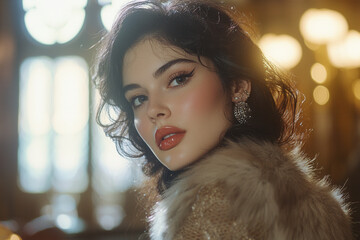 Enchanting portrait of a woman in a luxurious setting exuding elegance and charm during an evening event