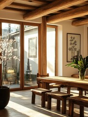 The dining room in wood displays natural light and greenery