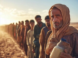 Long lines of drought-affected farmers seeking aid and resources under a harsh sun in a parched landscape
