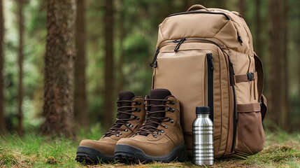 Hiking backpack and boots placed on grass in a tranquil forest, ideal for outdoor adventures and trekking activities in nature