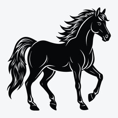 A black horse silhouette on white background