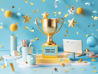 celebratory work anniversary card featuring golden trophy, office supplies, and festive decorations in a professional workplace setting