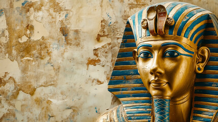 Ancient Egypt concept background with empty copy space. Egyptian pharaon Sphinx horizontal banner. Ancient Egyptian God creative poster. Digital painting in photo style. AI artwork.