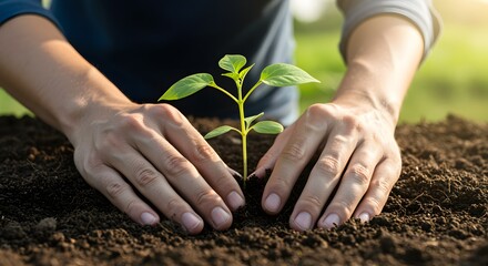 Fototapeta premium Hands Nurturing a Young Plant in Fresh Soil Outdoors