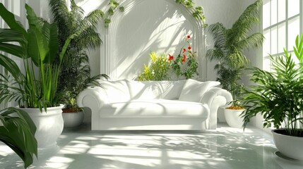 Cozy Indoor Living Room Adorned With Lush Greenery and Natural Light Streaming Through Large Windows