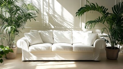 Cozy Indoor Living Room Adorned With Lush Greenery and Natural Light Streaming Through Large Windows