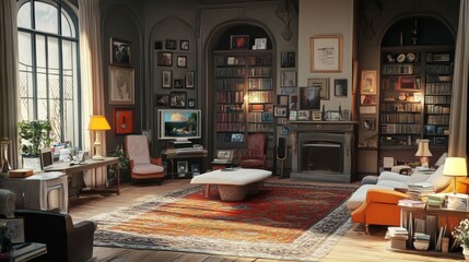 Cozy Living Room With Elegant Furnishings, Warm Lighting, and a Vintage Feel in a Serene Home Setting