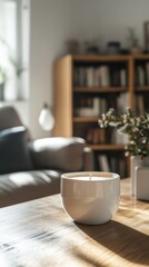 Cozy Living Room With a White Candle on a Wooden Table Near a Well-Decorated Bookshelf and Comfortable Seating in Soft Natural Light