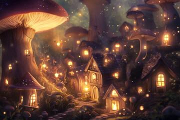 Obraz premium Illustration of a tiny fairy village hidden among giant mushrooms, with glowing lanterns hanging from delicate wooden houses. Small magical creatures flutter around, spreading sparkles in the air,