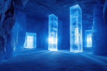 crystalline ice palace interior with prismatic light reflections geometric ice formations creating natural neon effects in cool blue tones