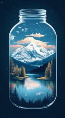 Scenic Mountain Landscape Captured Inside a Glass Jar With a Reflective Lake and Starry Night Sky