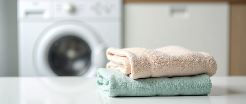 Soft Pastel Baby Clothes Neatly Folded with Modern Laundry Room Background