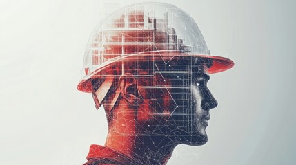 Innovative Construction Worker With Digital Architecture Overlay in Urban Environment Showcasing Modern Engineering Technologies