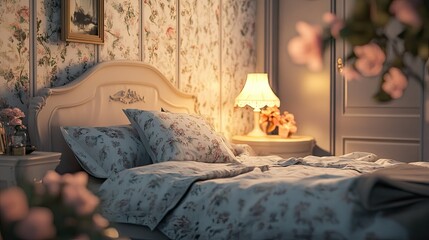 "Bedroom with romantic lighting and soft pastel bedding