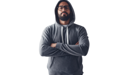 Software engineer in a casual hoodie, engaging and focused, startup ambiance, clean white background, isolated PNG